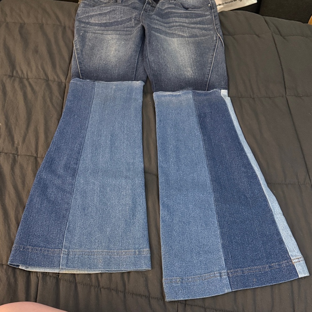 Venus Women’s Blue Patchwork Flare Jeans - Retro Wide Leg
